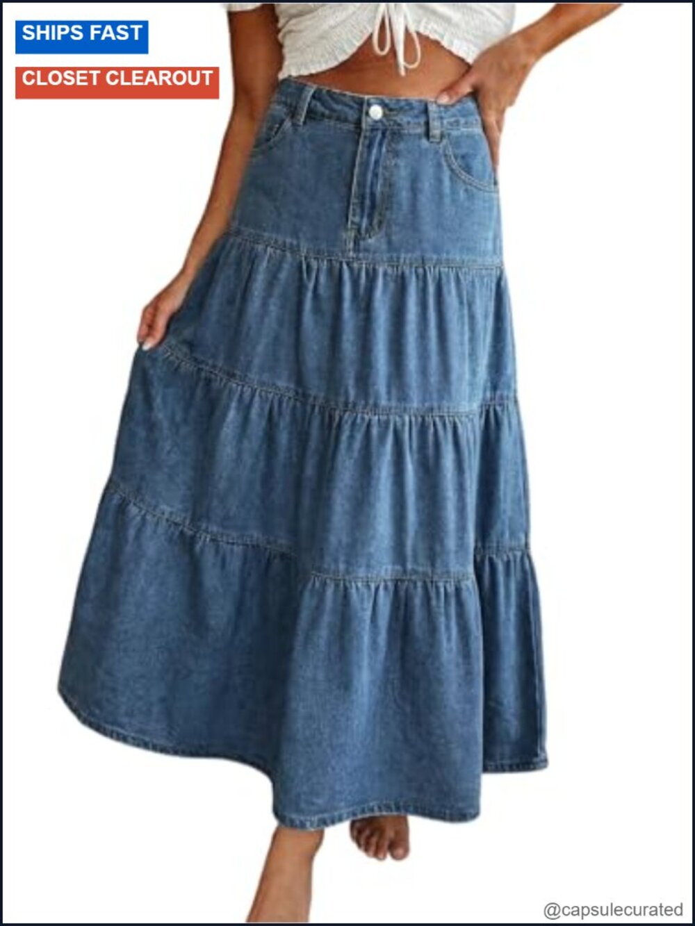 High Waisted A-Line Denim Maxi Skirt with Pockets Tiered Swing